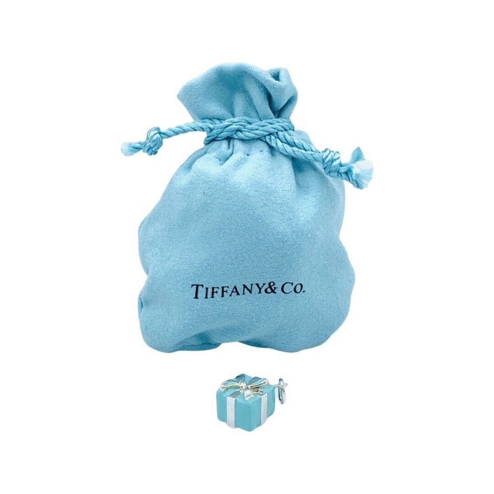 Tiffany & Co Sterling Silver Blue Enamel Gift Box Charm Pendant
